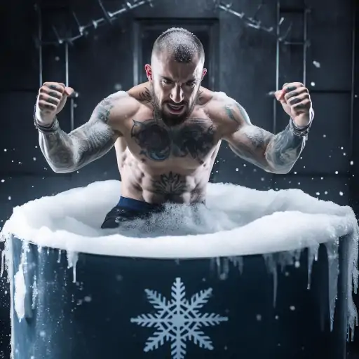 man using ice bath tub for cold plunge with water chiller